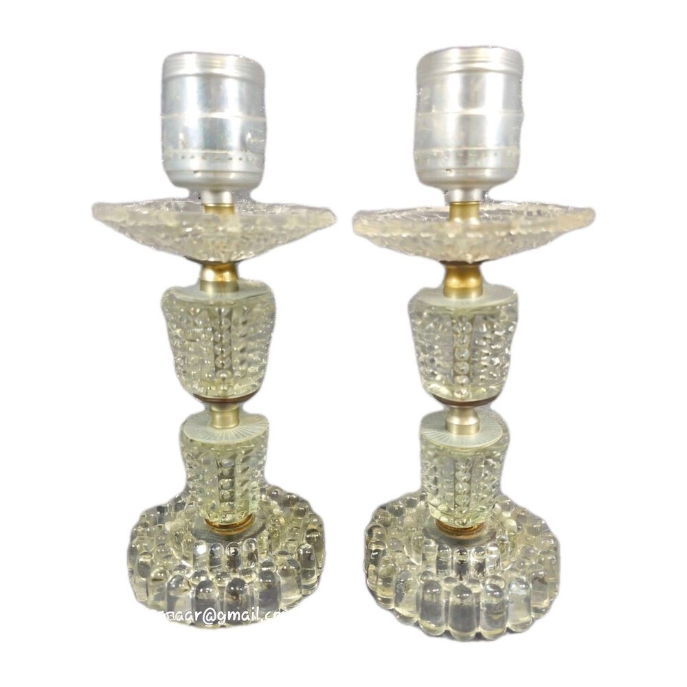 2-VINTAGE HOLLYWOOD REGENCY Glass Column Table Lamp Hobnail 12"